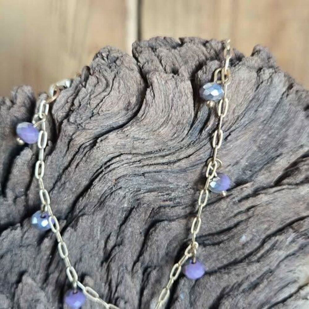Purple Crystal Charm Bracelet | Gold-Tone Chain | 8.25" Dainty Dangle Bracelet